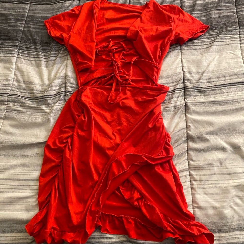 Women's Frenchy Style Tie Front Cut Out Ruched Ruffle Hem Bodycon Dress